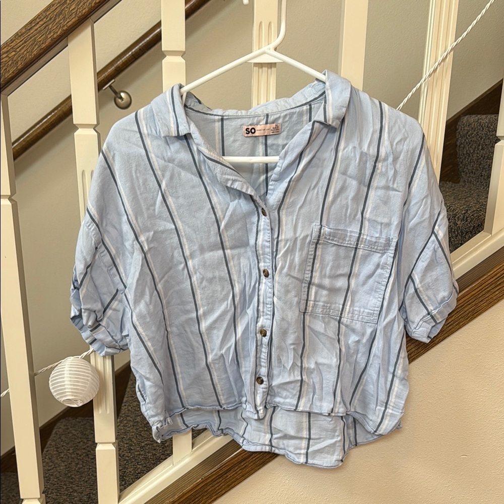 SO Light Blue Striped Button-Up Cropped Shirt
